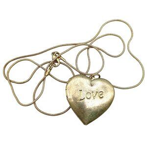 Vintage Silver-Tone Heart Locket Necklace With "Love" Inscription & Long Chain